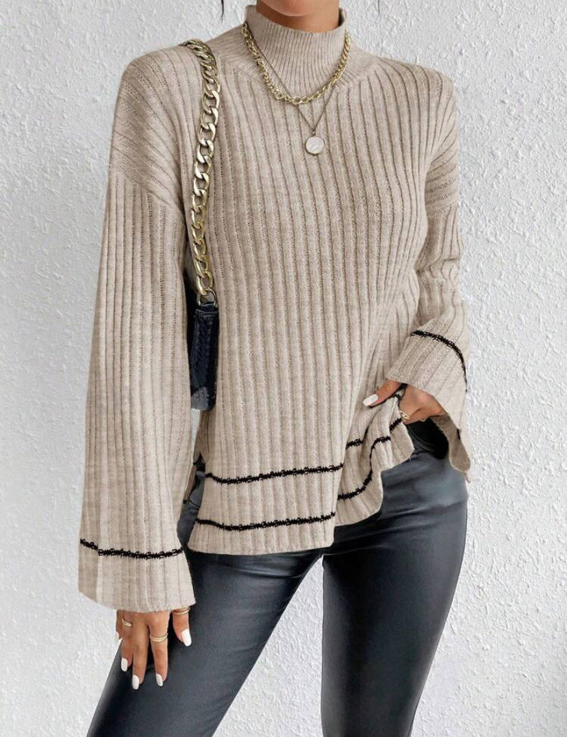 Lena Whitmore | Ribbed Knit Turtleneck Sweater with Flare Sleeves For Women