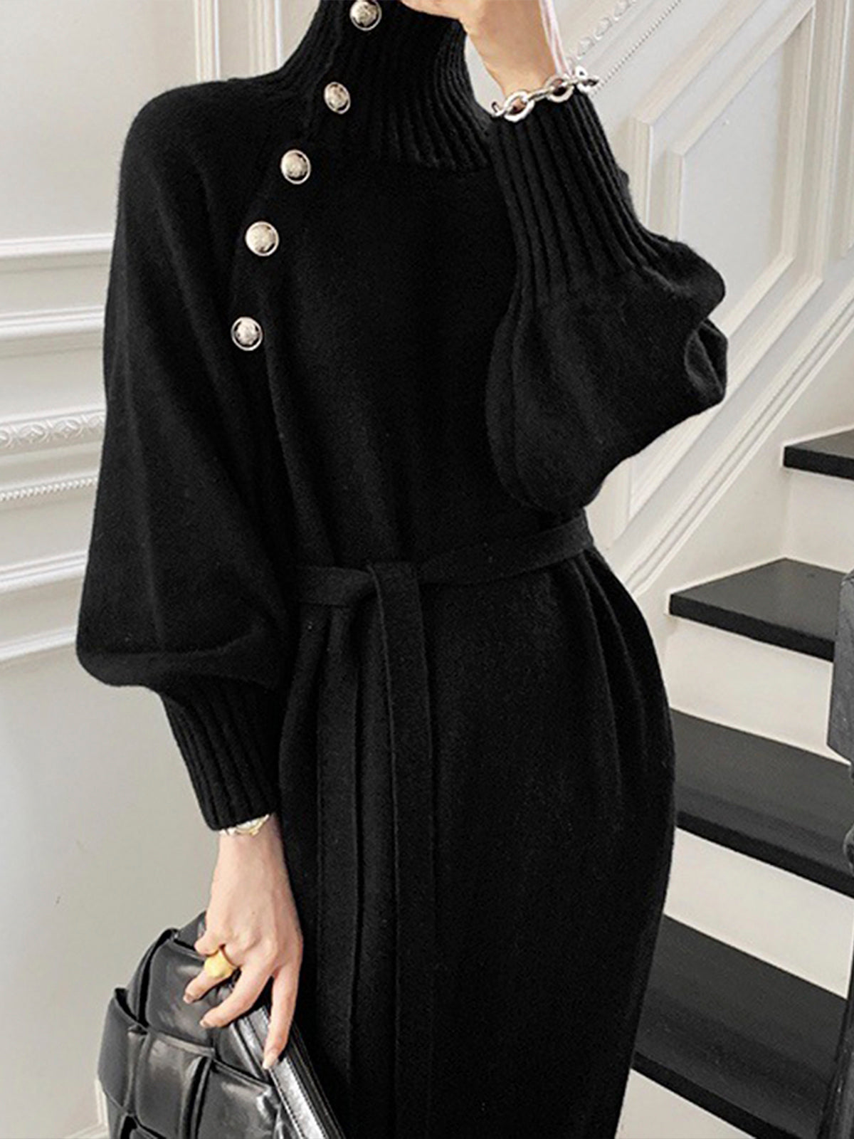 Vivienne Blackwell | Belted Turtleneck Knit Midi Dress For Women