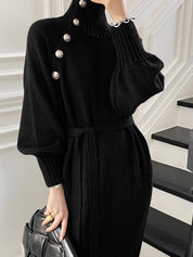 Vivienne Blackwell | Belted Turtleneck Knit Midi Dress For Women