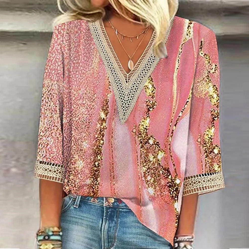 Elaine Colbert | Gold Print Lace Trim Blouse For Women