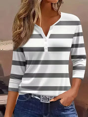 Diana Holloway | Striped 3/4 Sleeve V-Neck Top For Women
