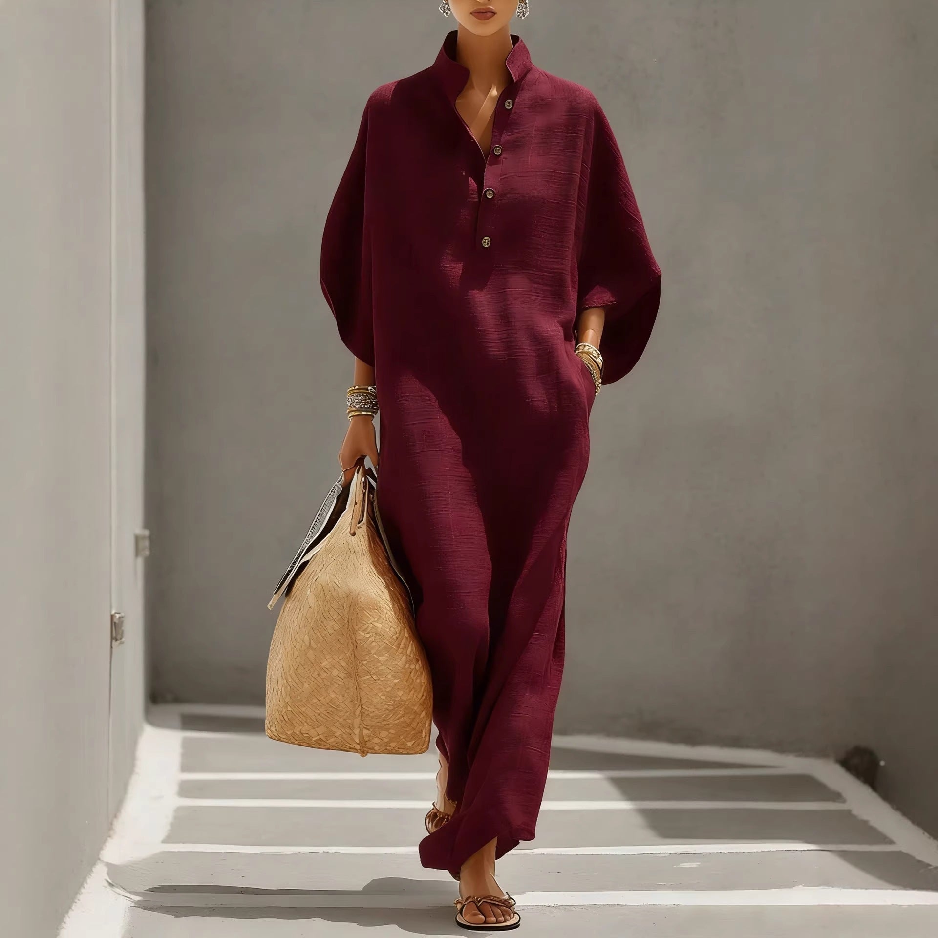 Eleanor Fairfax | Linen Maxi Dress With Stand Collar For Women