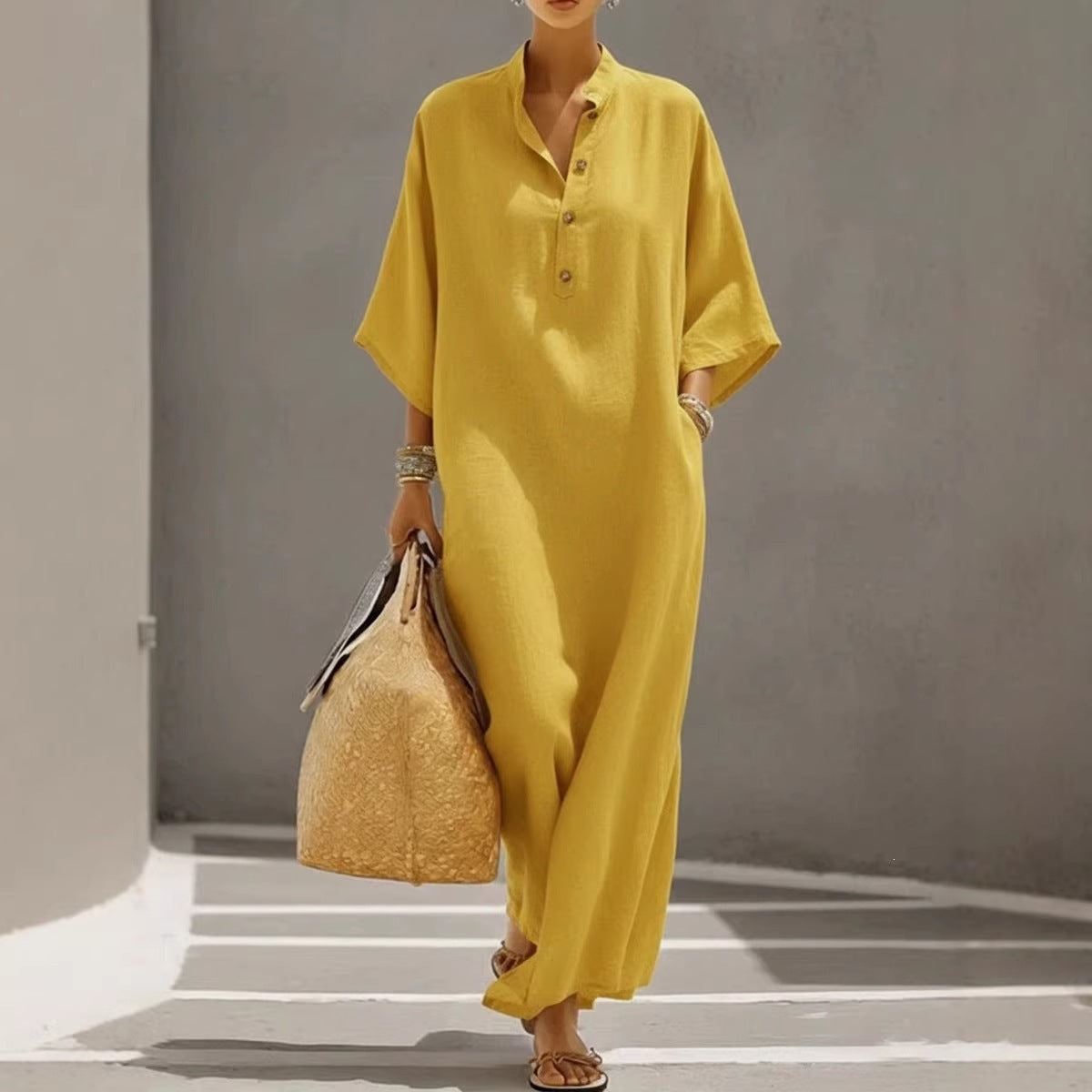 Eleanor Fairfax | Linen Maxi Dress With Stand Collar For Women
