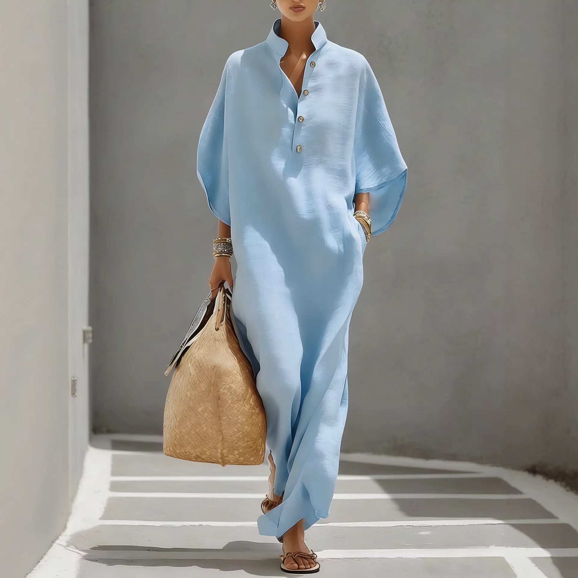 Eleanor Fairfax | Linen Maxi Dress With Stand Collar For Women