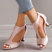 Harriet Coverly | Blush Pink T-Bar Heeled Sandals For Women