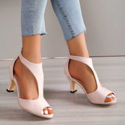 Harriet Coverly | Blush Pink T-Bar Heeled Sandals For Women
