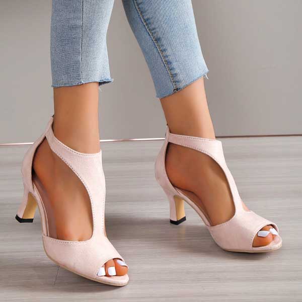 Harriet Coverly | Blush Pink T-Bar Heeled Sandals For Women