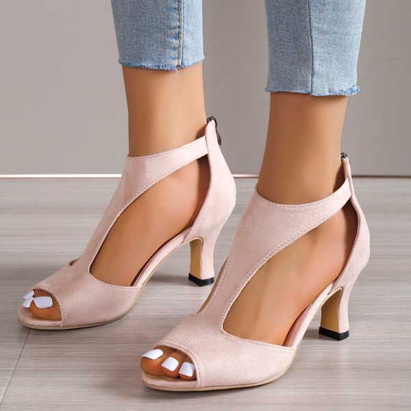 Harriet Coverly | Blush Pink T-Bar Heeled Sandals For Women