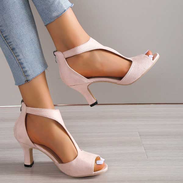 Harriet Coverly | Blush Pink T-Bar Heeled Sandals For Women