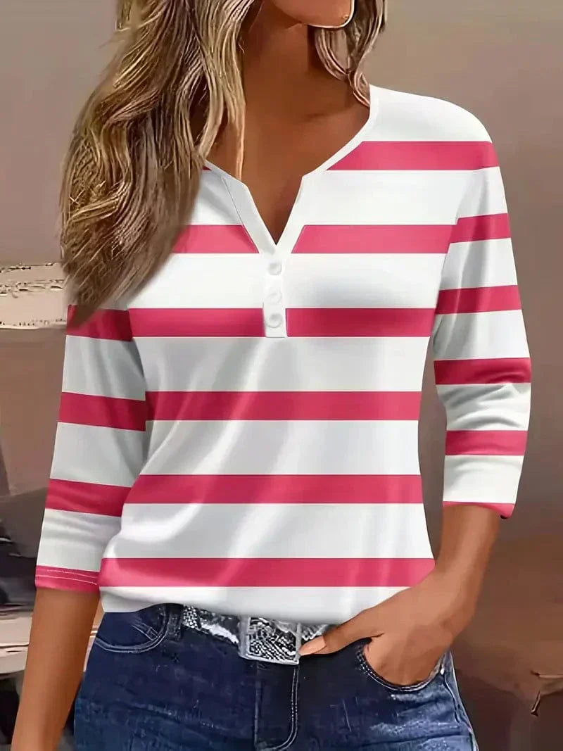 Diana Holloway | Striped 3/4 Sleeve V-Neck Top For Women