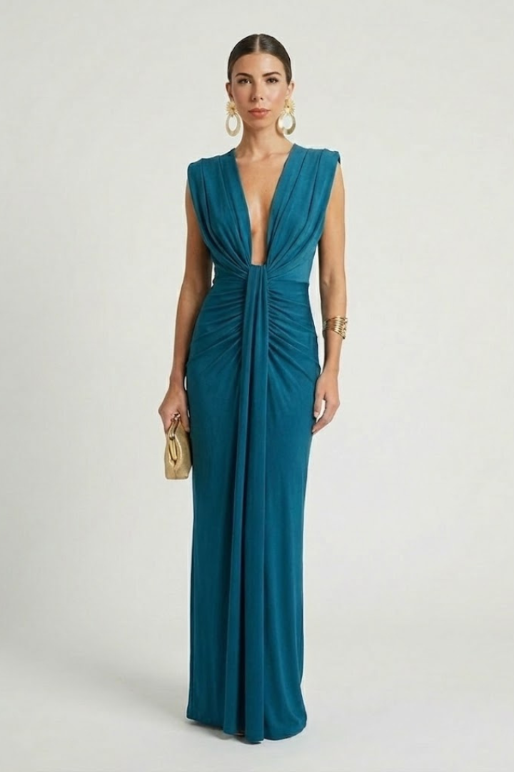 Genevieve Colborne | Deep V-Neck Ruched Maxi Dress For Women