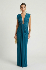 Genevieve Colborne | Deep V-Neck Ruched Maxi Dress For Women