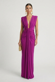 Genevieve Colborne | Deep V-Neck Ruched Maxi Dress For Women
