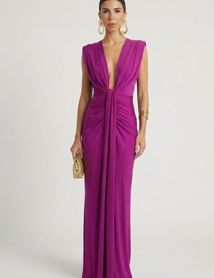 Genevieve Colborne | Deep V-Neck Ruched Maxi Dress For Women