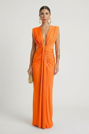 Genevieve Colborne | Deep V-Neck Ruched Maxi Dress For Women