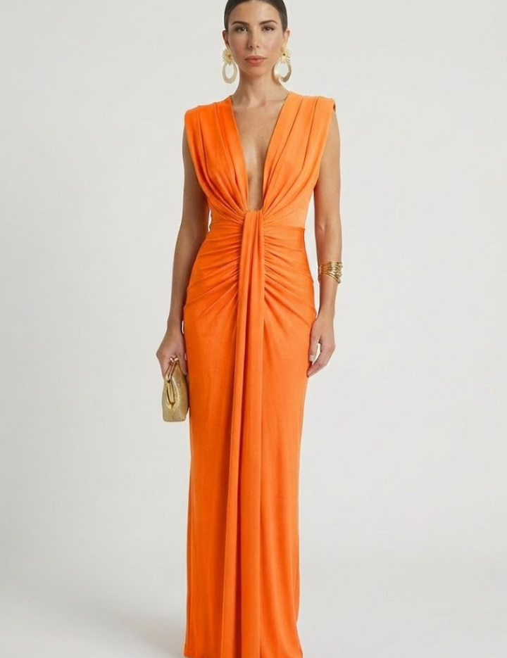 Genevieve Colborne | Deep V-Neck Ruched Maxi Dress For Women