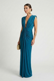 Genevieve Colborne | Deep V-Neck Ruched Maxi Dress For Women