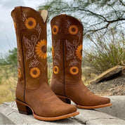 Savannah Wexford | Sunflower Embroidered Cowboy Knee-High Boots For Women
