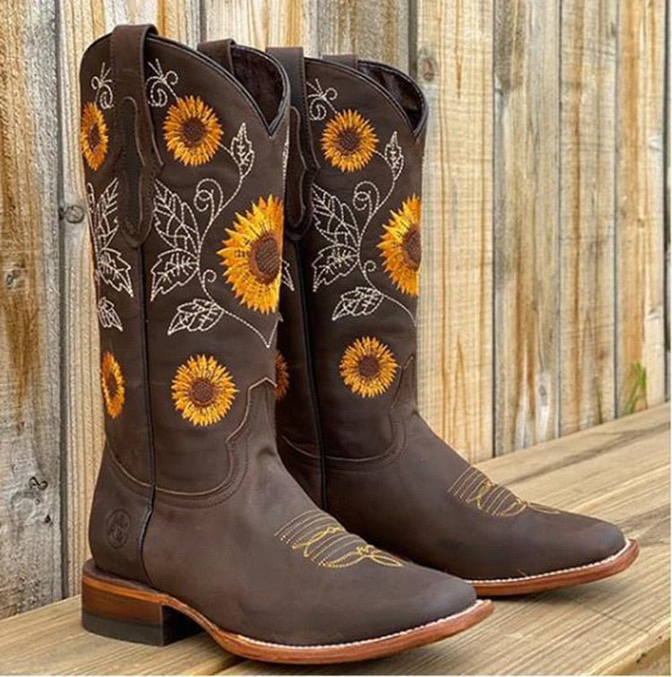 Savannah Wexford | Sunflower Embroidered Cowboy Knee-High Boots For Women