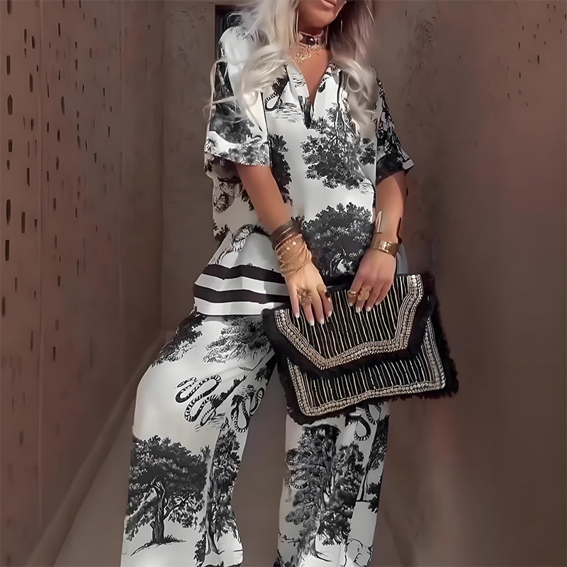 Dominique Laruelle | Printed V-Neck Wide-Leg Outfit Set For Women