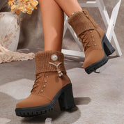 Vera Holmstead | Knit Cuff Block Heel Ankle Boots For Women