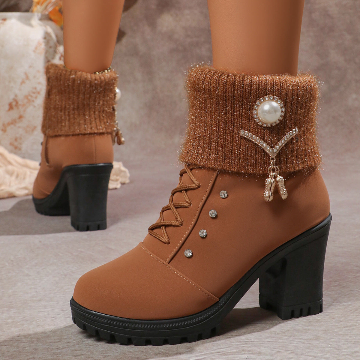 Vera Holmstead | Knit Cuff Block Heel Ankle Boots For Women