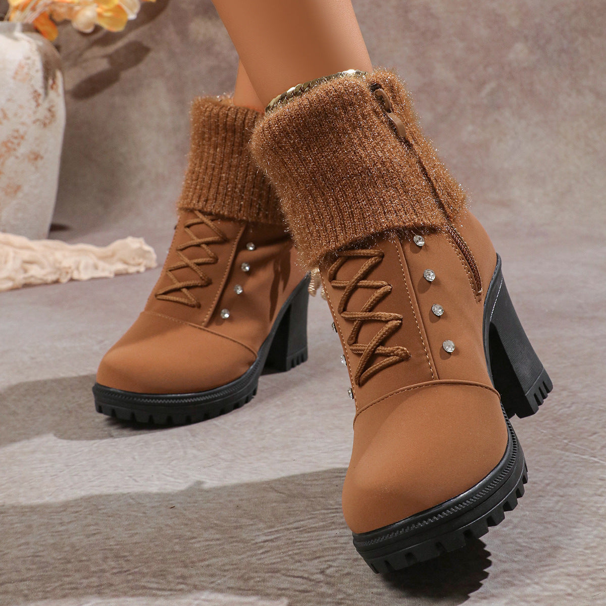 Vera Holmstead | Knit Cuff Block Heel Ankle Boots For Women