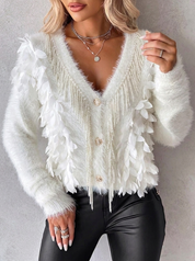 Monique Ravelle | Fluffy Pearl-Trim Cardigan For Women