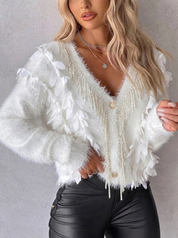 Monique Ravelle | Fluffy Pearl-Trim Cardigan For Women