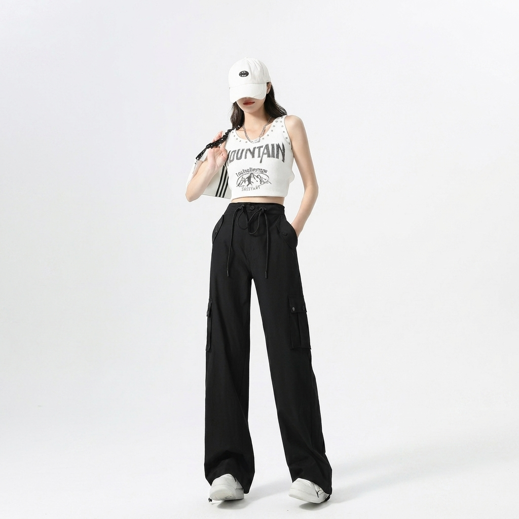 Petra Calloway | Wide Leg Black Cargo Trousers For Women