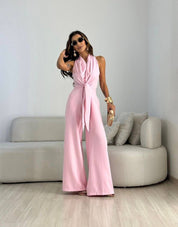 Cecile Hargrove | Sleeveless Tie-Front Wide-Leg Jumpsuit For Women