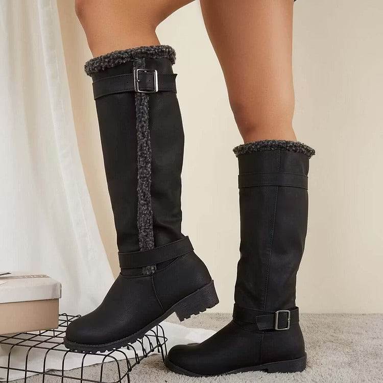 Rowena Blackstone | Knee-High Buckle Boot Low Heel For Women