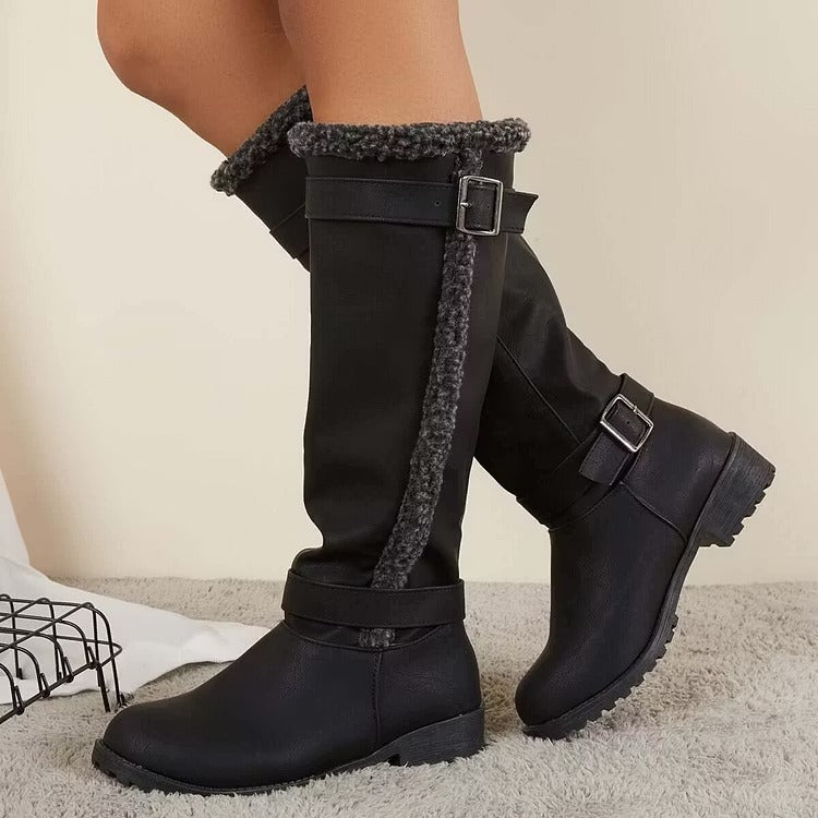 Rowena Blackstone | Knee-High Buckle Boot Low Heel For Women
