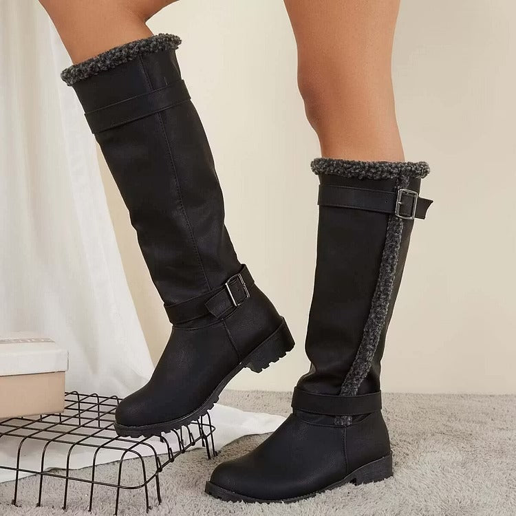 Rowena Blackstone | Knee-High Buckle Boot Low Heel For Women