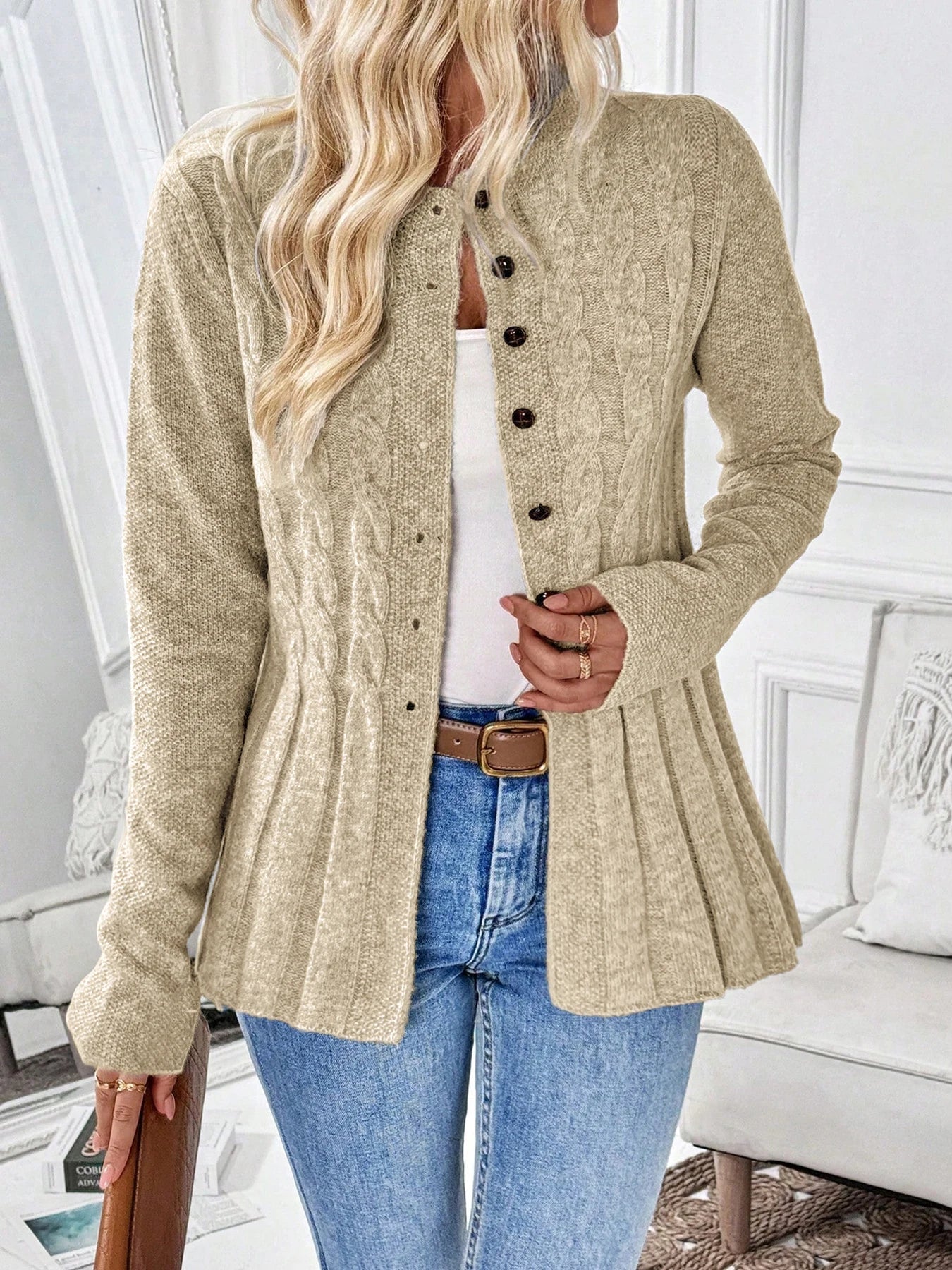 Diana Wrenthorpe | Cable Knit Button-Up Cardigan For Women