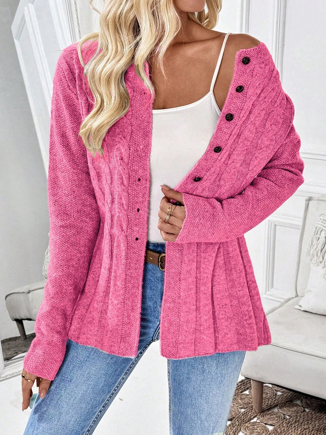 Diana Wrenthorpe | Cable Knit Button-Up Cardigan For Women