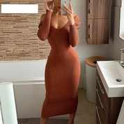 Cassandra Belleview | Off Shoulder Ribbed Knit Midi Dress For Women
