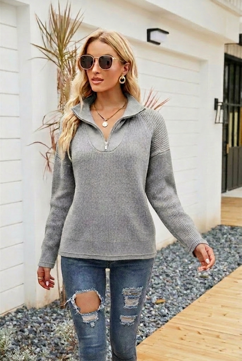 Harriet Clovewood | Striped Half-Zip Knit Sweater For Women