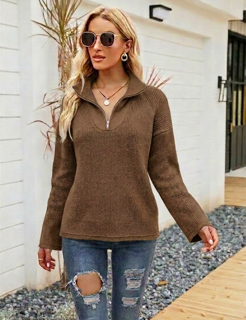 Harriet Clovewood | Striped Half-Zip Knit Sweater For Women