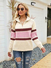 Harriet Clovewood | Striped Half-Zip Knit Sweater For Women