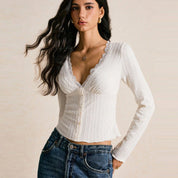 Serena Whitlow | Long Sleeve Lace Trim Crop Top For Women