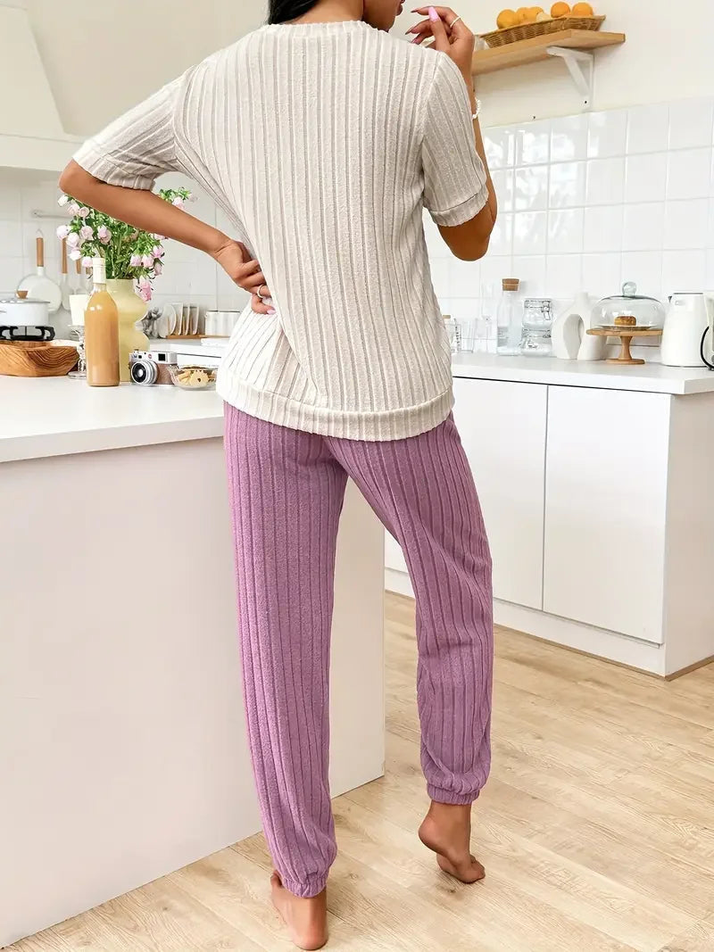 Audrey Pembridge | Heart Print Ribbed Pyjama Set For Women