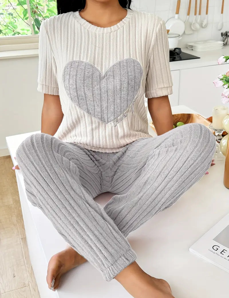 Audrey Pembridge | Heart Print Ribbed Pyjama Set For Women