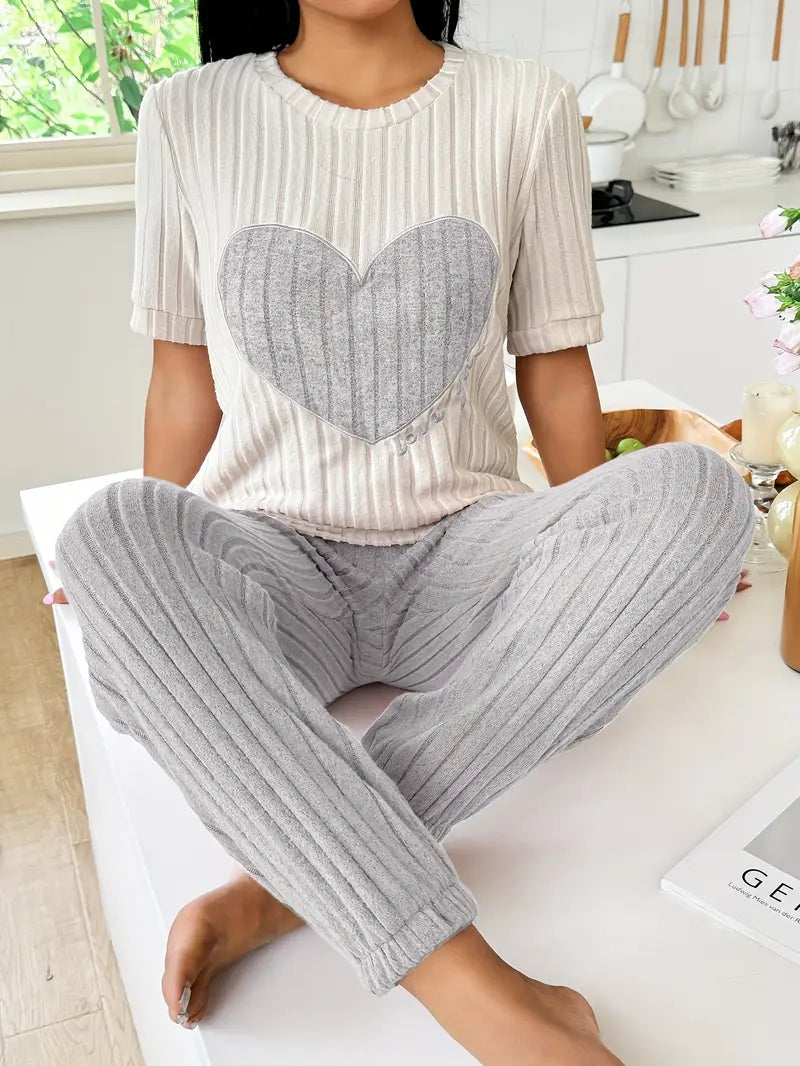 Audrey Pembridge | Heart Print Ribbed Pyjama Set For Women