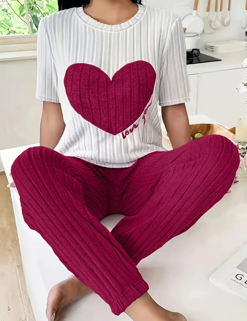Audrey Pembridge | Heart Print Ribbed Pyjama Set For Women