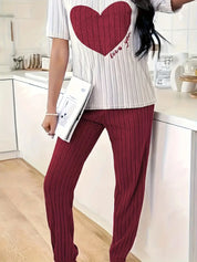 Audrey Pembridge | Heart Print Ribbed Pyjama Set For Women