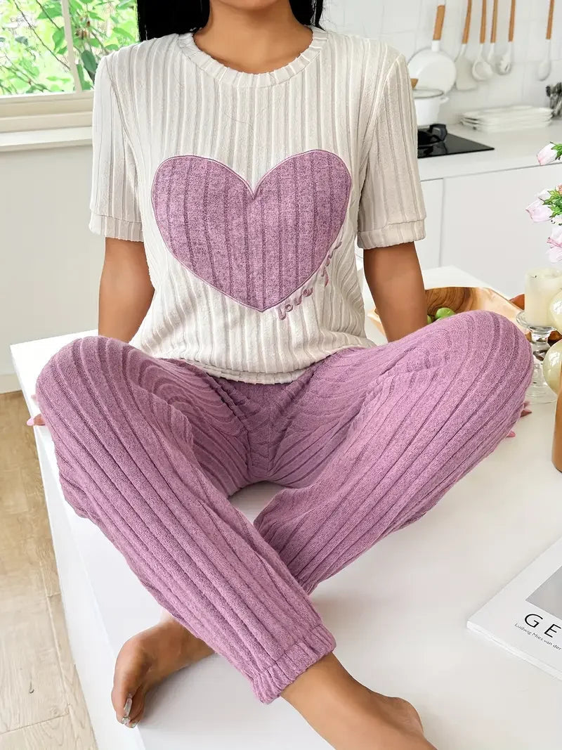 Audrey Pembridge | Heart Print Ribbed Pyjama Set For Women