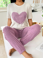 Audrey Pembridge | Heart Print Ribbed Pyjama Set For Women