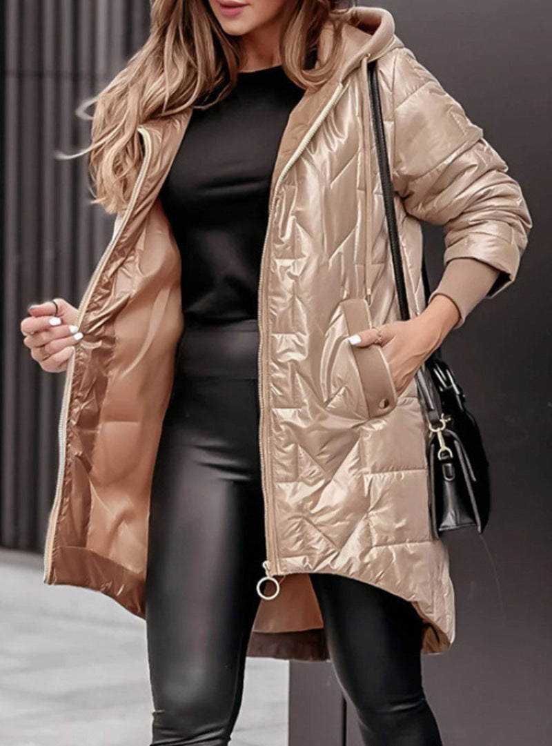 Lavinia Cresthollow | Glossy Quilted Hooded Long Puffer Jacket For Women
