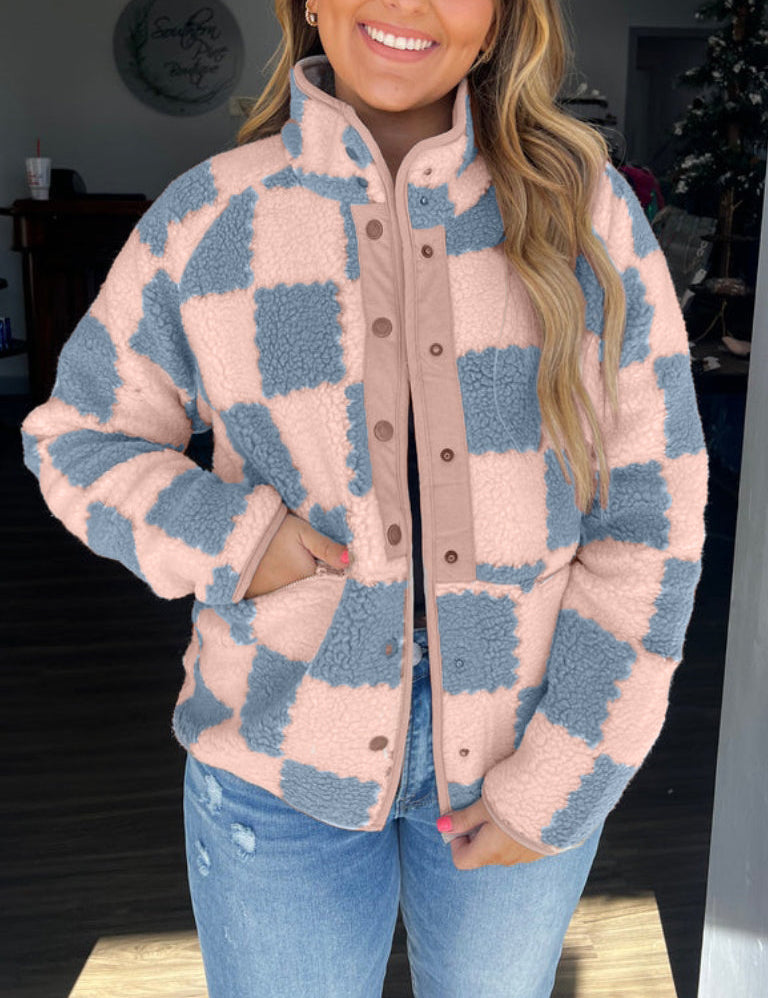 Corinne Ashwell | Checkered Fleece Snap Button Jacket For Women